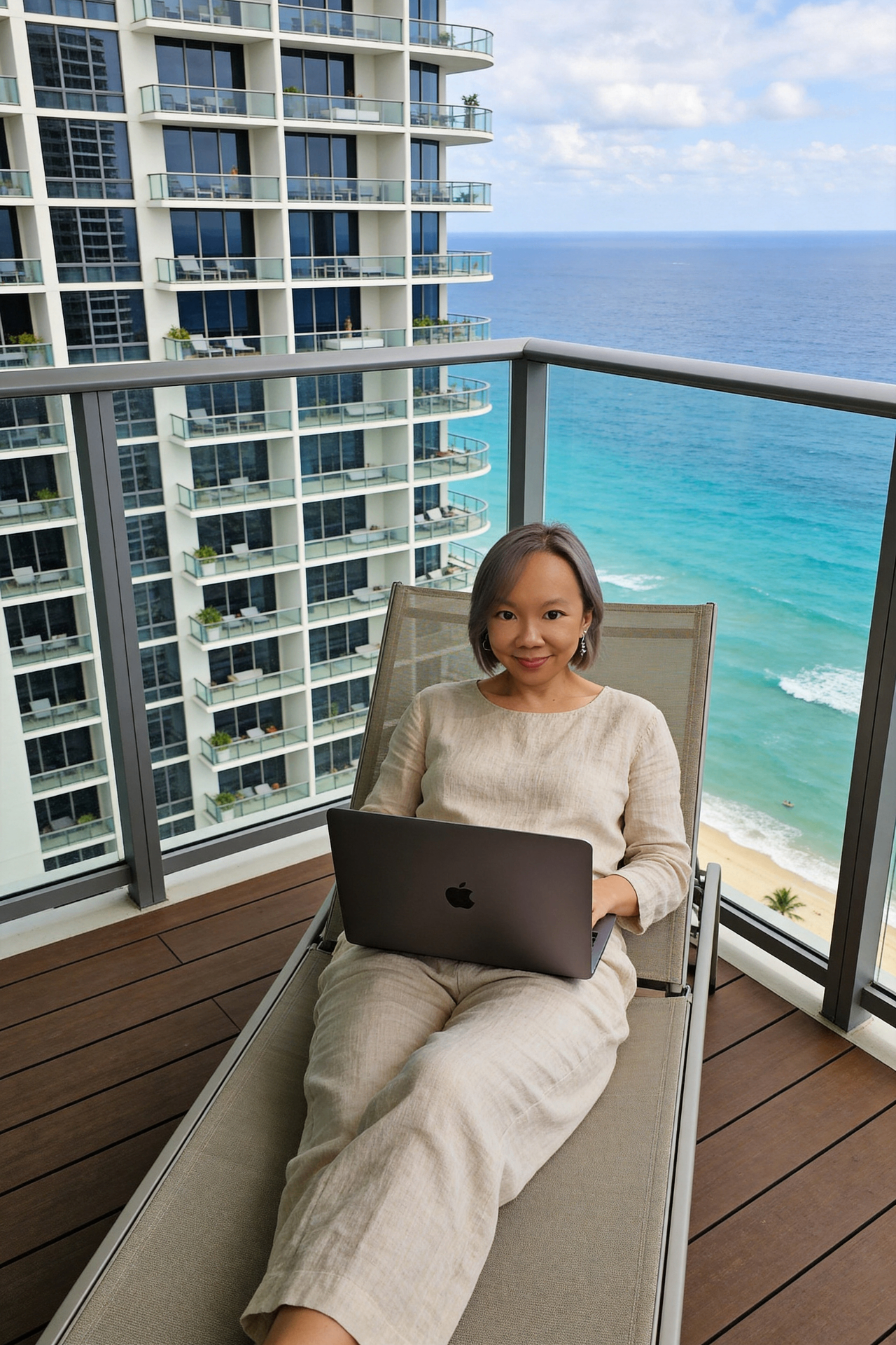 Sabrina Wang working from a balcony overlooking the ocean