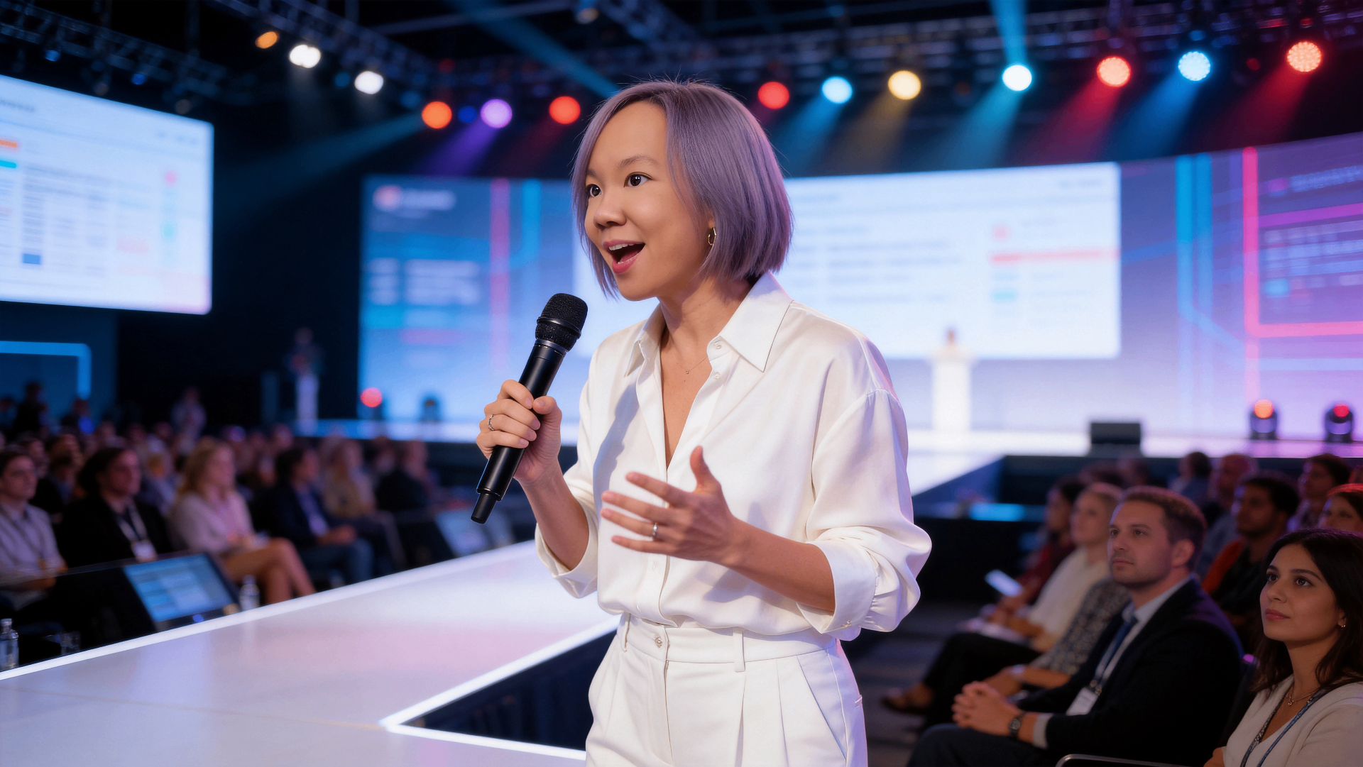 Sabrina Princessa Wang on stage, delivering a keynote to a live audience