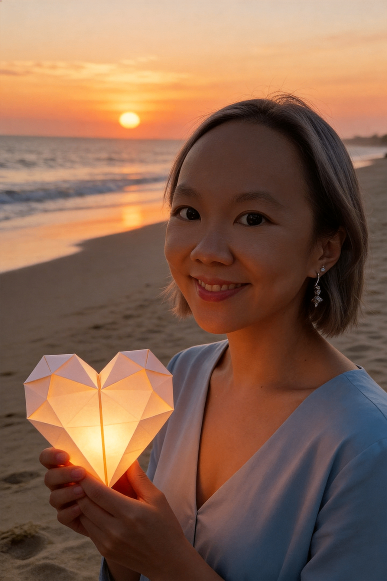 Sabrina Wang holding a glowing heart-shaped light on the beach at sunset